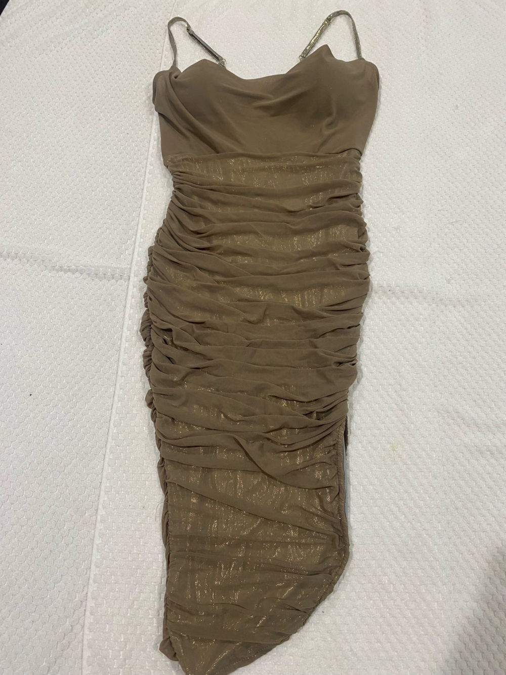 Fashion Nova Olive Ruched Mini Dress ewith Subtle Sheen